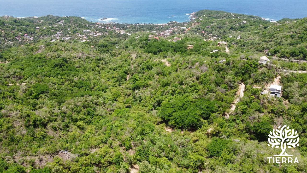 La playa y el pueblo de Mazunte, Oaxaca, vistos desde el aire